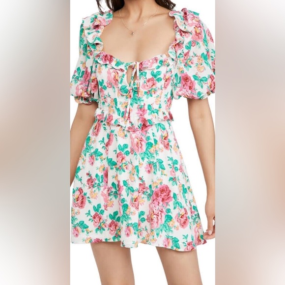 For Love & Lemons Loretta Mini Dress Floral Puff Sleeve Cutout M - Picture 6 of 10